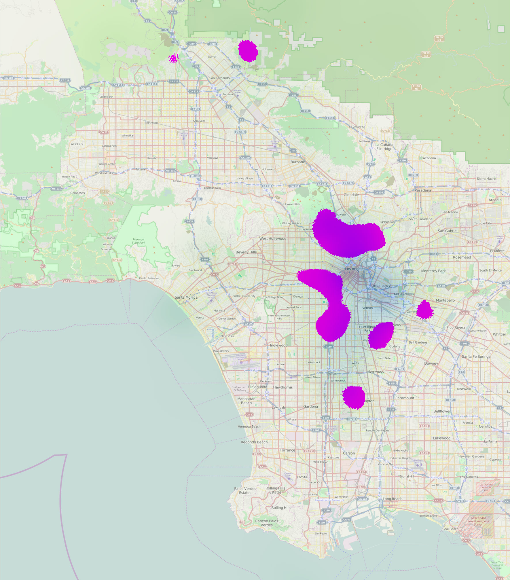 Map Of Los Angeles highlighting areas with the most change in pedestrian and cyclist collisions. Highlights include north, west, and south of downtown, and a spot in San Fernando and Compton.